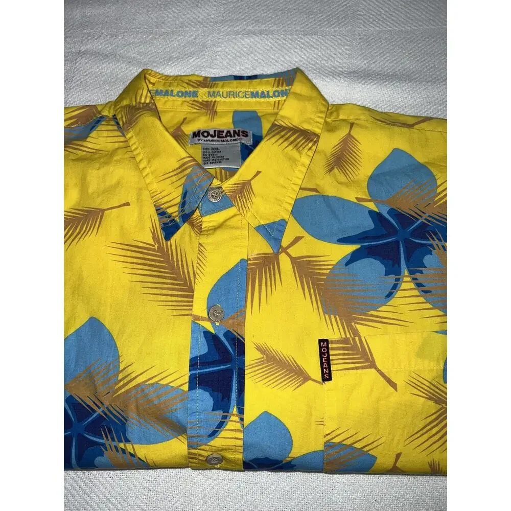 MOJEANS Yellow Blue Floral Tropical Palm Tree Print Button Up Shirt 3XL Vintage - Picture 2 of 15